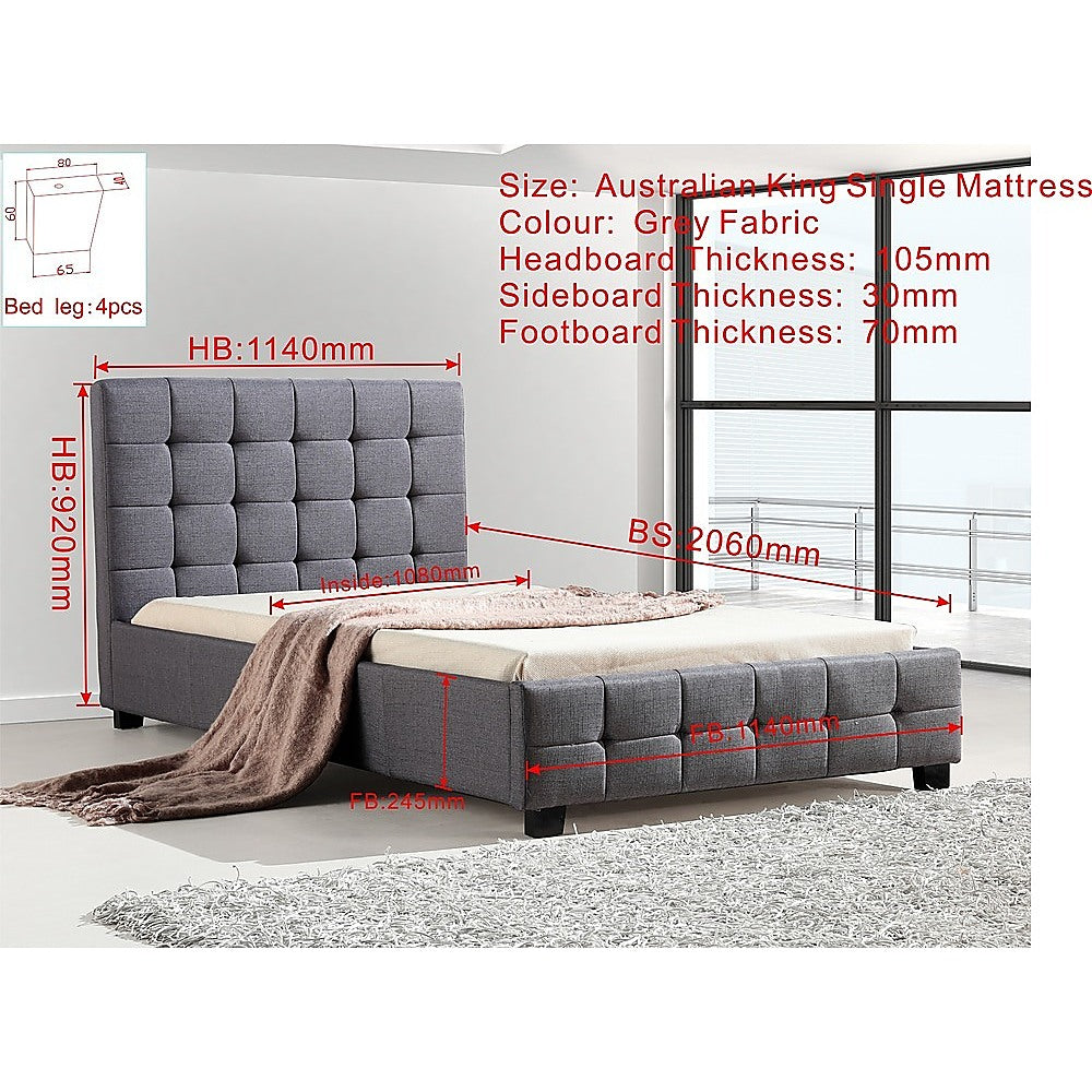 King Single Linen Fabric Deluxe Bed Frame Grey - Newstart Furniture