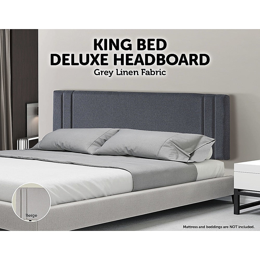 Linen Fabric King Bed Deluxe Headboard Bedhead - Grey - Newstart Furniture