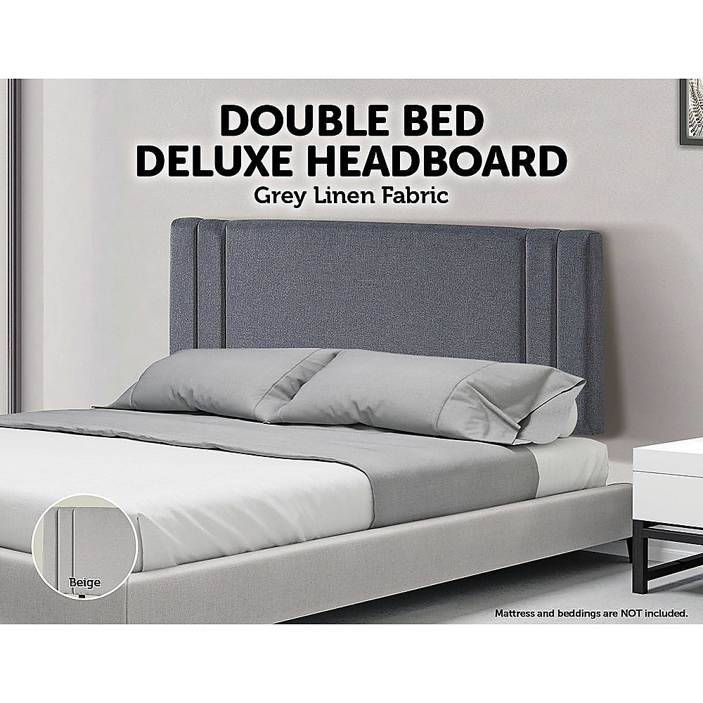 Linen Fabric Double Bed Deluxe Headboard Bedhead - Grey - Newstart Furniture