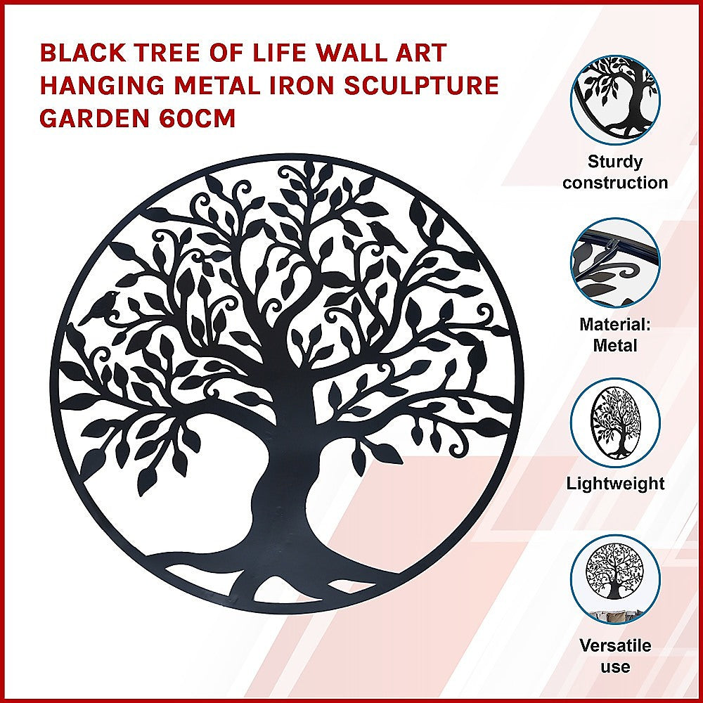 Black Tree of Life Wall Art Hanging Metal Iron Sculpture Garden 60cm - Newstart Furniture