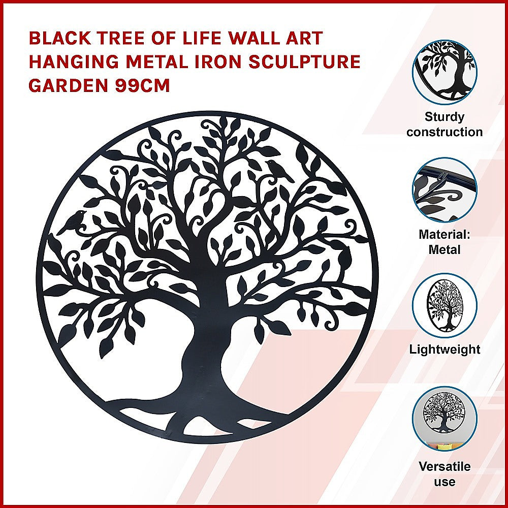 Black Tree of Life Wall Art Hanging Metal Iron Sculpture Garden 99cm - Newstart Furniture