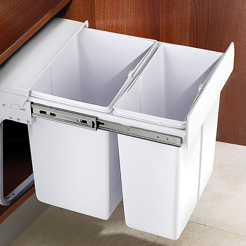 Pull Out Bin Kitchen Double Dual Slide Garbage Rubbish Waste 10L+20L - Newstart Furniture