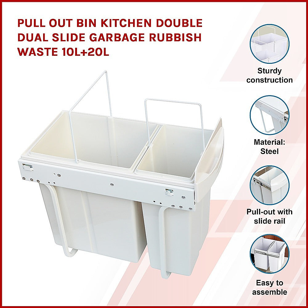 Pull Out Bin Kitchen Double Dual Slide Garbage Rubbish Waste 10L+20L - Newstart Furniture