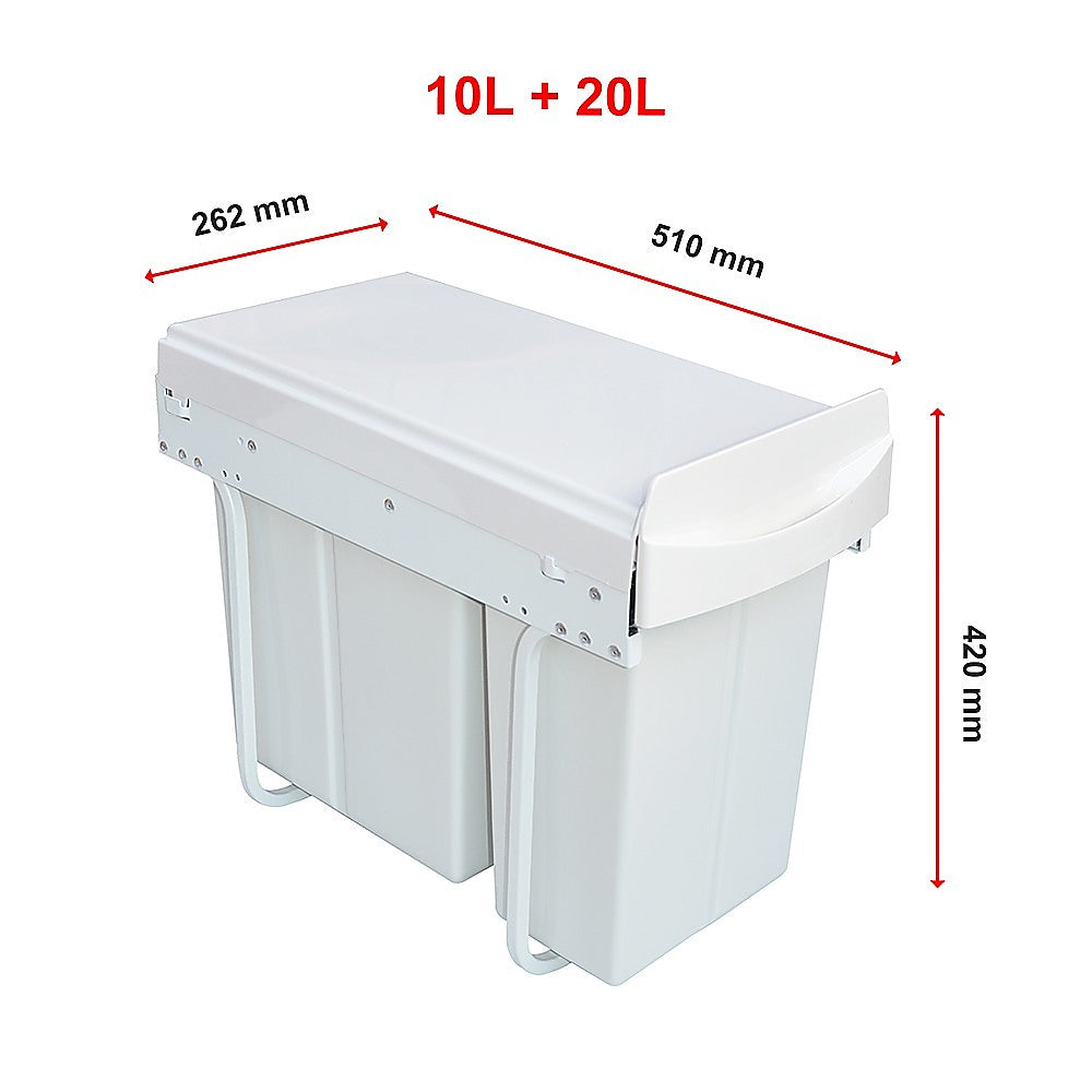 Pull Out Bin Kitchen Double Dual Slide Garbage Rubbish Waste 10L+20L - Newstart Furniture