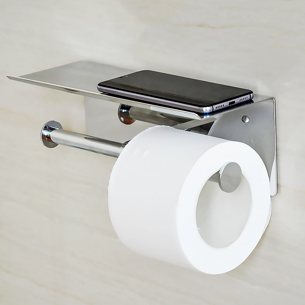 Stainless Steel Double Toilet Paper Holder Towel Roll Tissue Rack Storage Shelf - Newstart Furniture