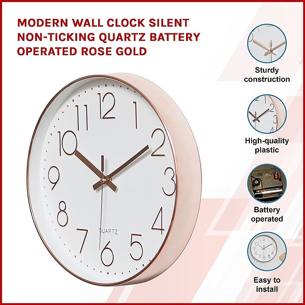 Modern Wall Clock Silent Non-Ticking Quartz Battery Operated Rose Gold - Newstart Furniture