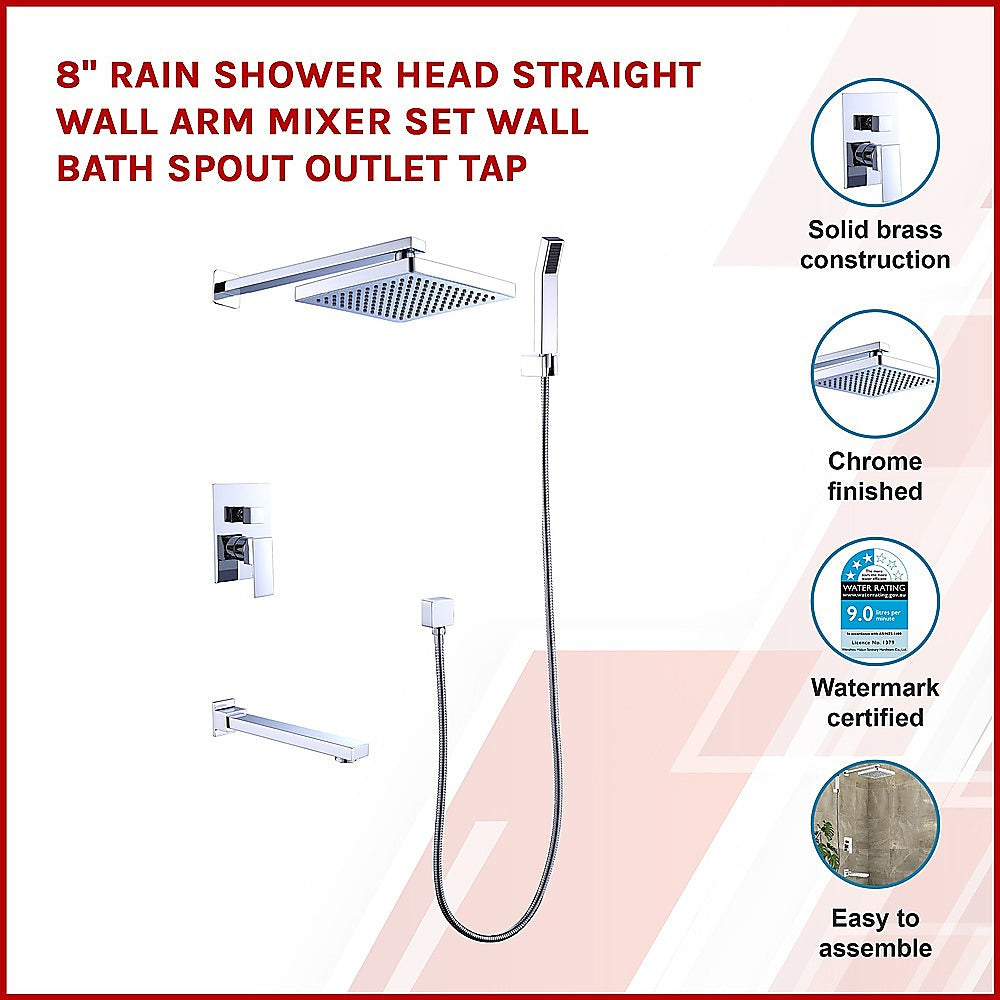 8" Rain Shower Head Straight Wall Arm Mixer Set Wall Bath Spout Outlet Tap - Newstart Furniture