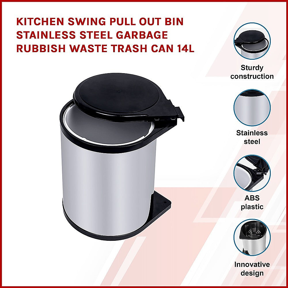 Kitchen Swing Pull Out Bin Stainless Steel Garbage Rubbish Waste Trash Can 14L - Newstart Furniture