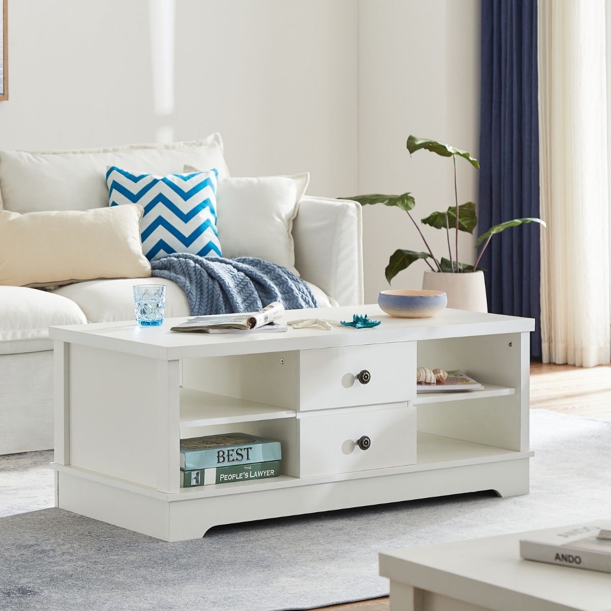 Margaux White Coastal Style Coffee Table with Drawers - Newstart Furniture