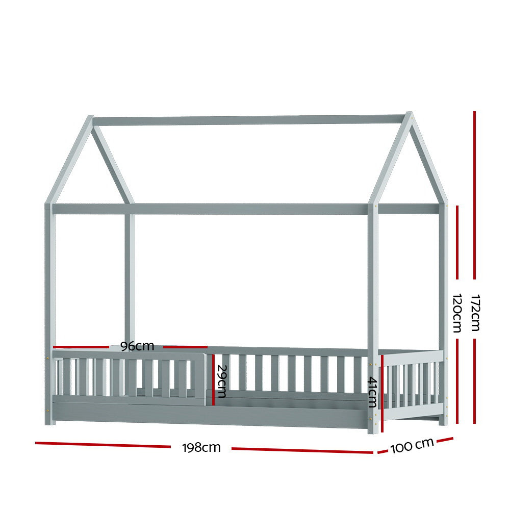 Artiss Wooden Bed Frame House Shape Pine Timber Base Single Size Platform Grey - Newstart Furniture