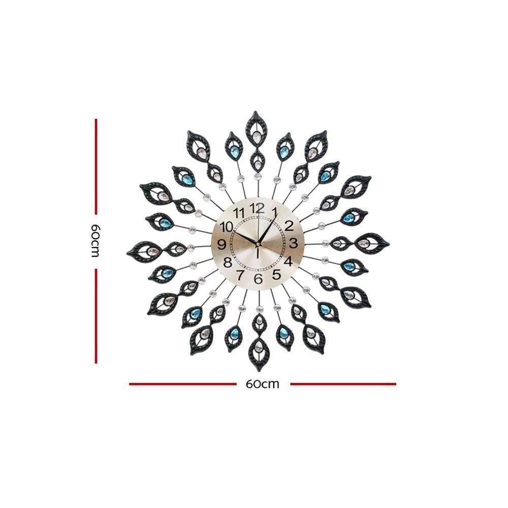 Artiss 60CM Peacock Wall Clock Large 3D Modern Crystal Luxury Round Wall Clocks Home Decor Black - Newstart Furniture