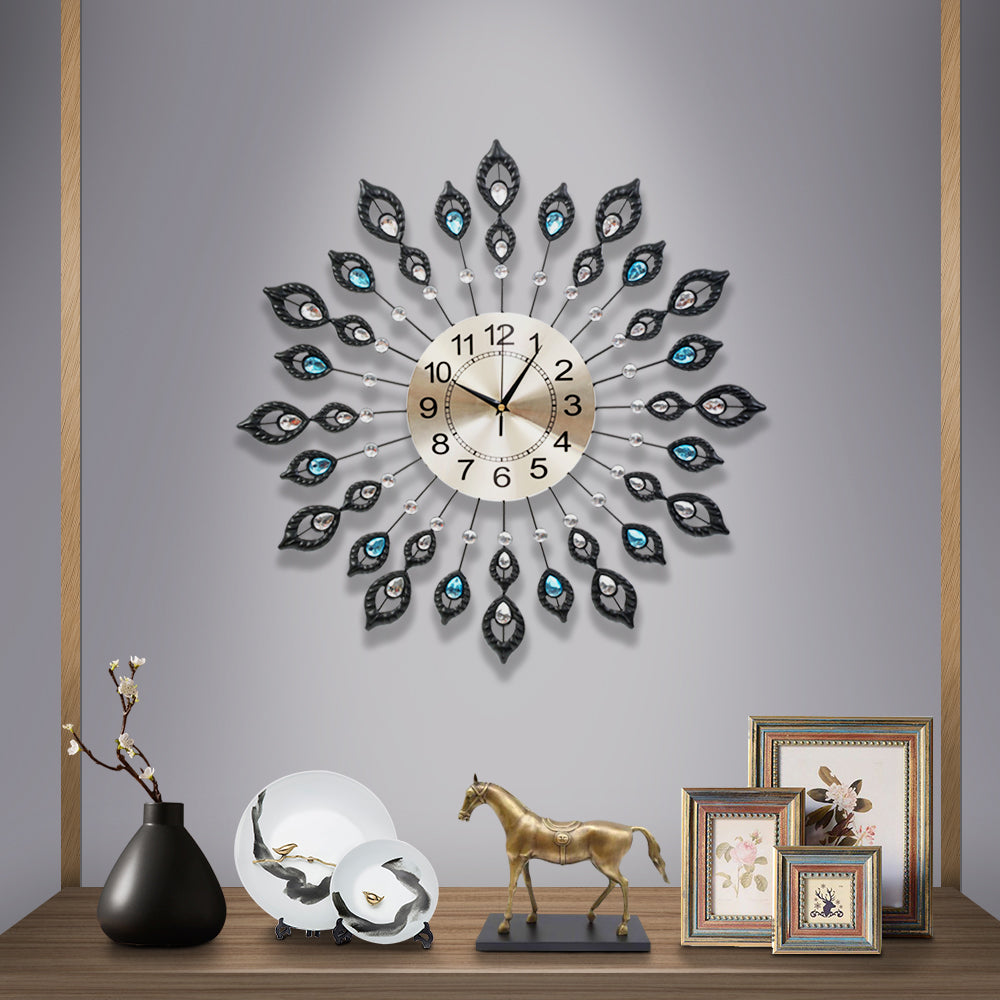 Artiss 60CM Peacock Wall Clock Large 3D Modern Crystal Luxury Round Wall Clocks Home Decor Black - Newstart Furniture